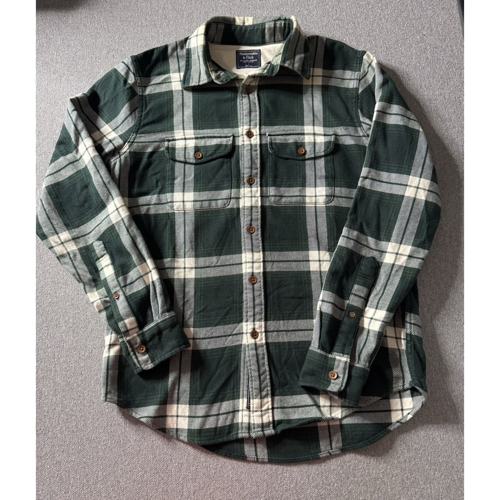 Abercrombie Fitch Men's Hunter Green And Cream Plaid Flannel Shirt Large Rugged